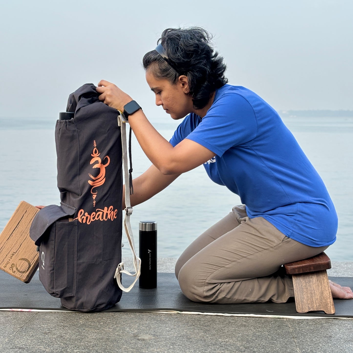 Yoga Bag - Dark Grey with Om Breath Orange with Block Pocket and Zipper Compartment