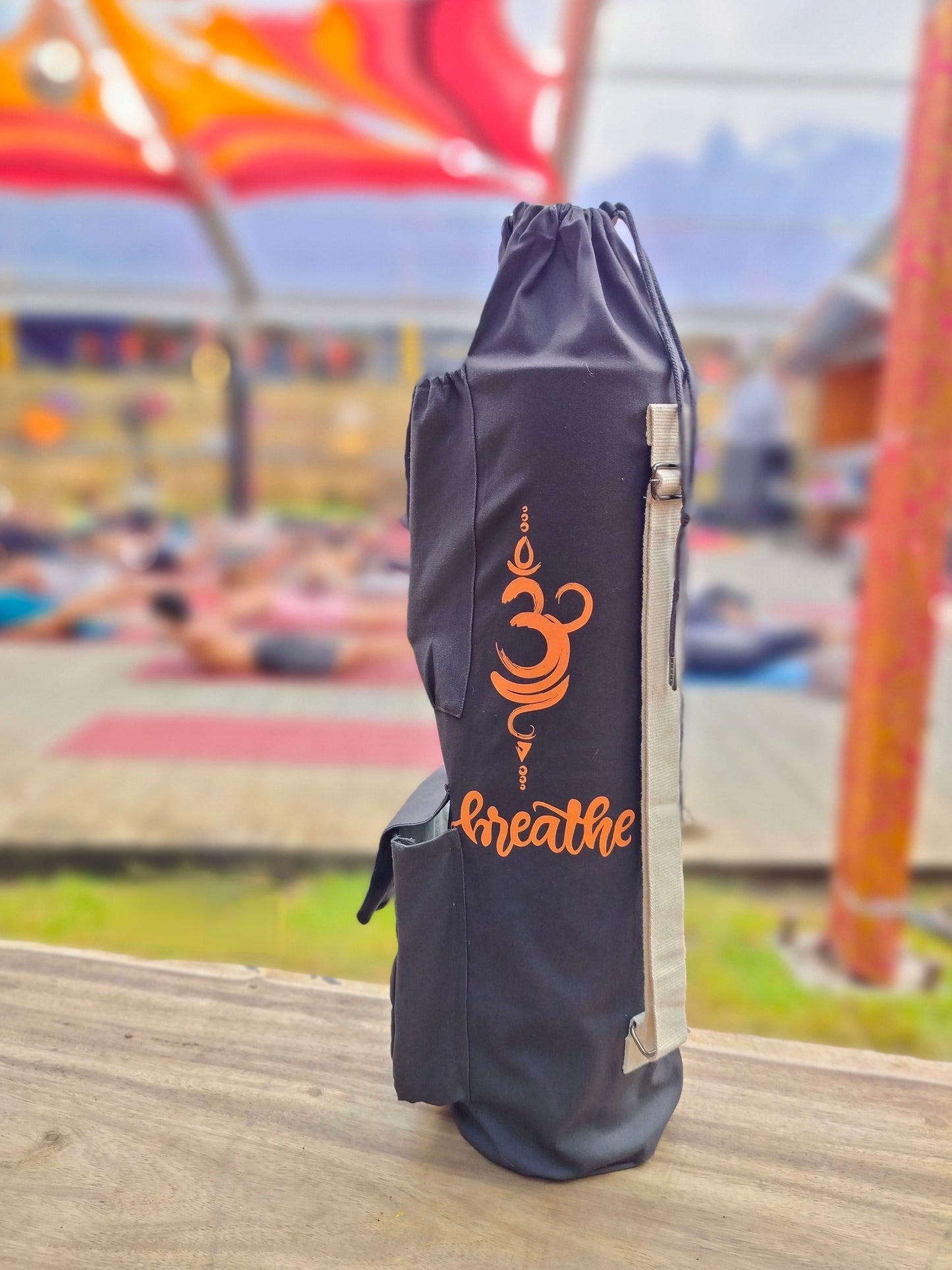 Yoga Bag - Dark Grey with Om Breath Orange with Block Pocket and Zipper Compartment